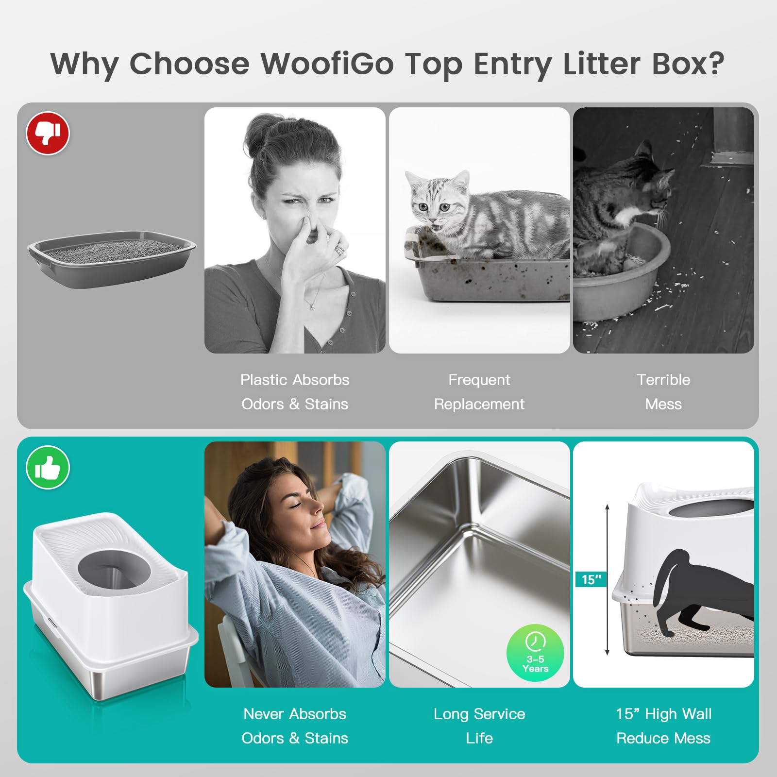 WoofiGo Stainless Steel Cat Litter Box, Large Top Entry Litter Box